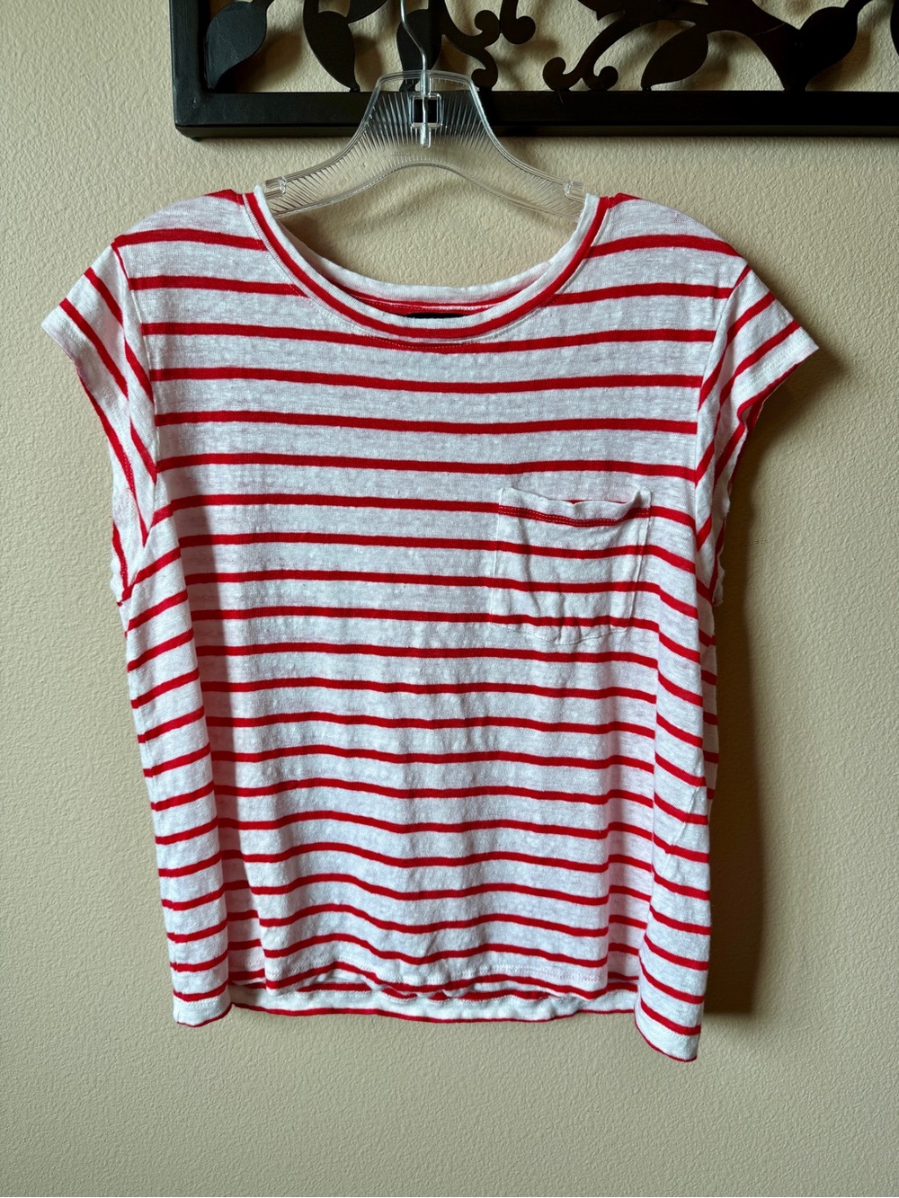 Sanctuary Women’s White Tee with Red Stripes and Pocket